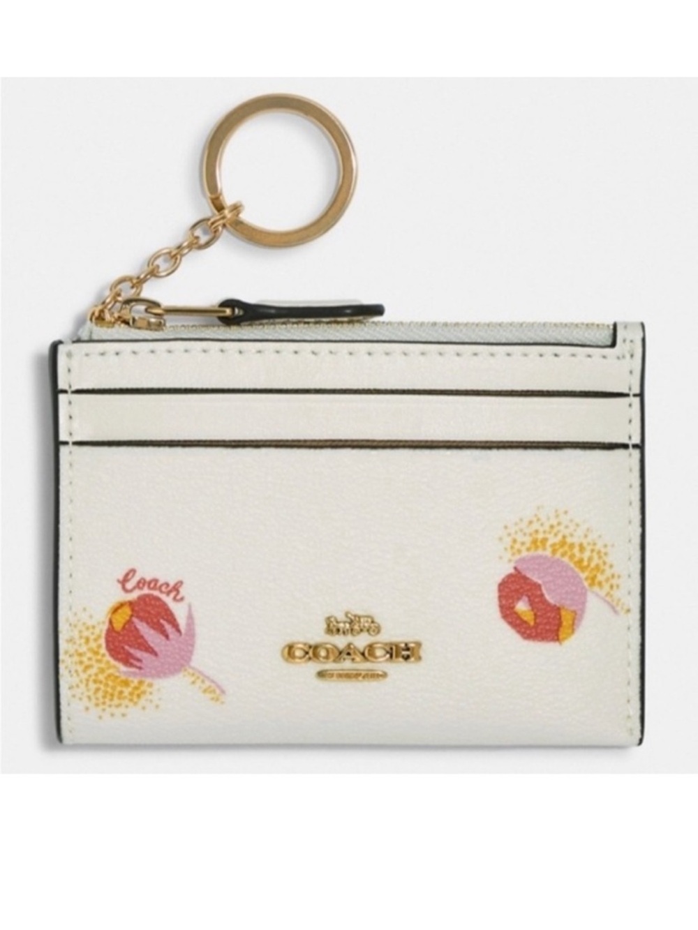 Coach White Floral Leather Card Case Small Wallet Keyring